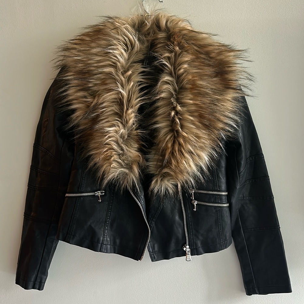 Black faux leather jacket with removable fur collar